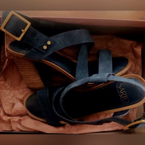 Franco Sarto Sabine lush teal blue suede crossing straps, open toe stacked heel - Picture 8 of 15